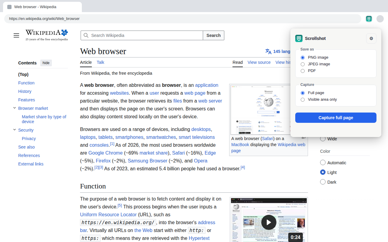 The Scrollshot toolbar popup with format and capture-mode options and a capture button.