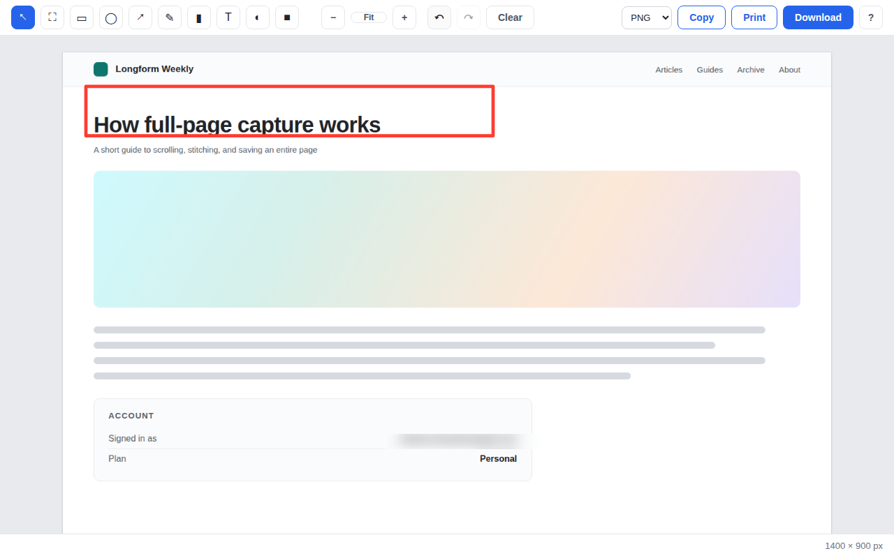 The Scrollshot editor: a toolbar of annotation tools above a captured web page, with a red rectangle drawn around the headline and a blurred account email.