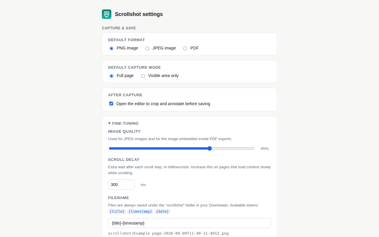 The Scrollshot settings page showing default format, capture mode and fine-tuning options.